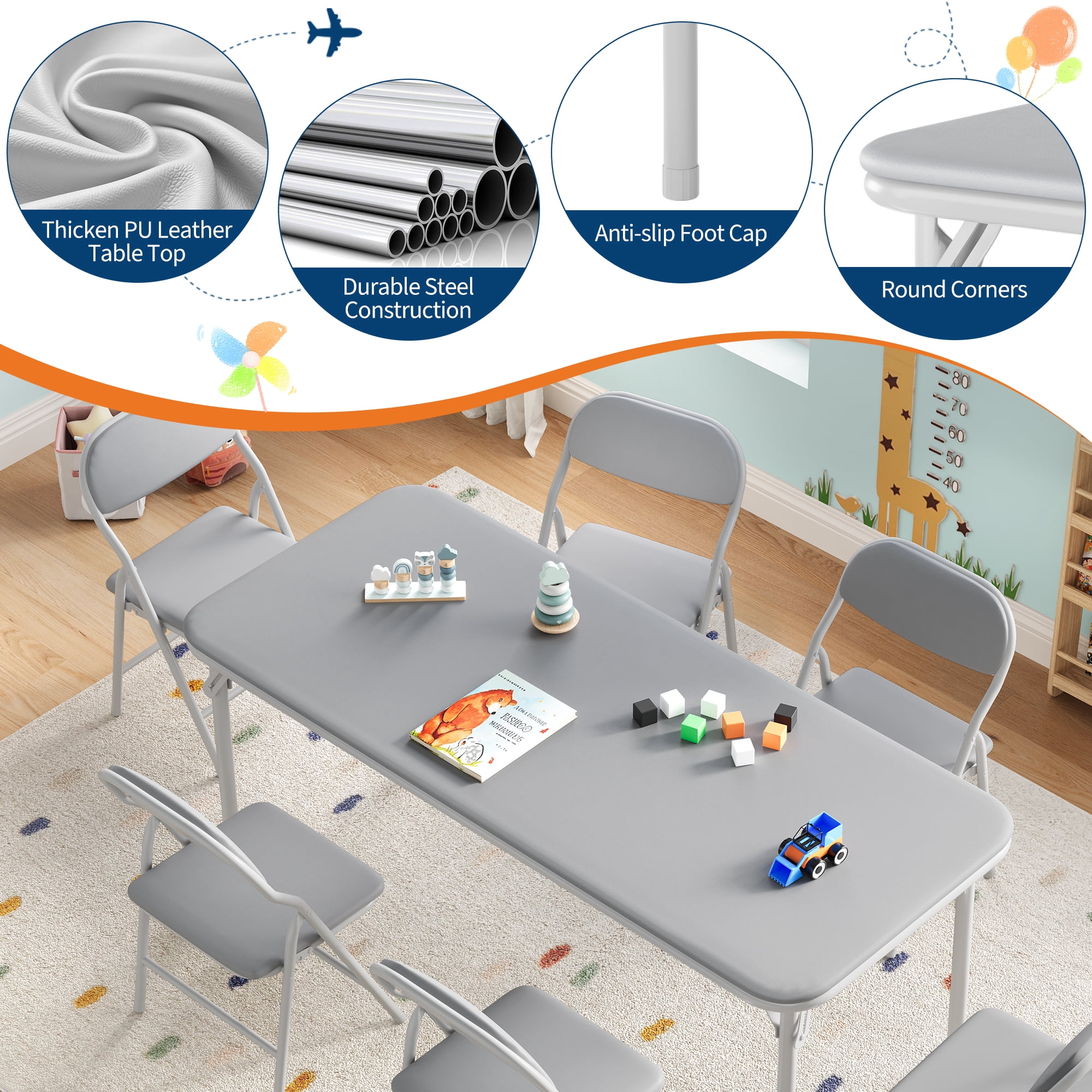 Ultra Soft PU Padded 1/5/7-Piece Kids Folding Table and Chairs Set – Durable Steel Frame, Anti-Slip Feet, No Assembly – Portable for Study, Dining, Learning Space, Play