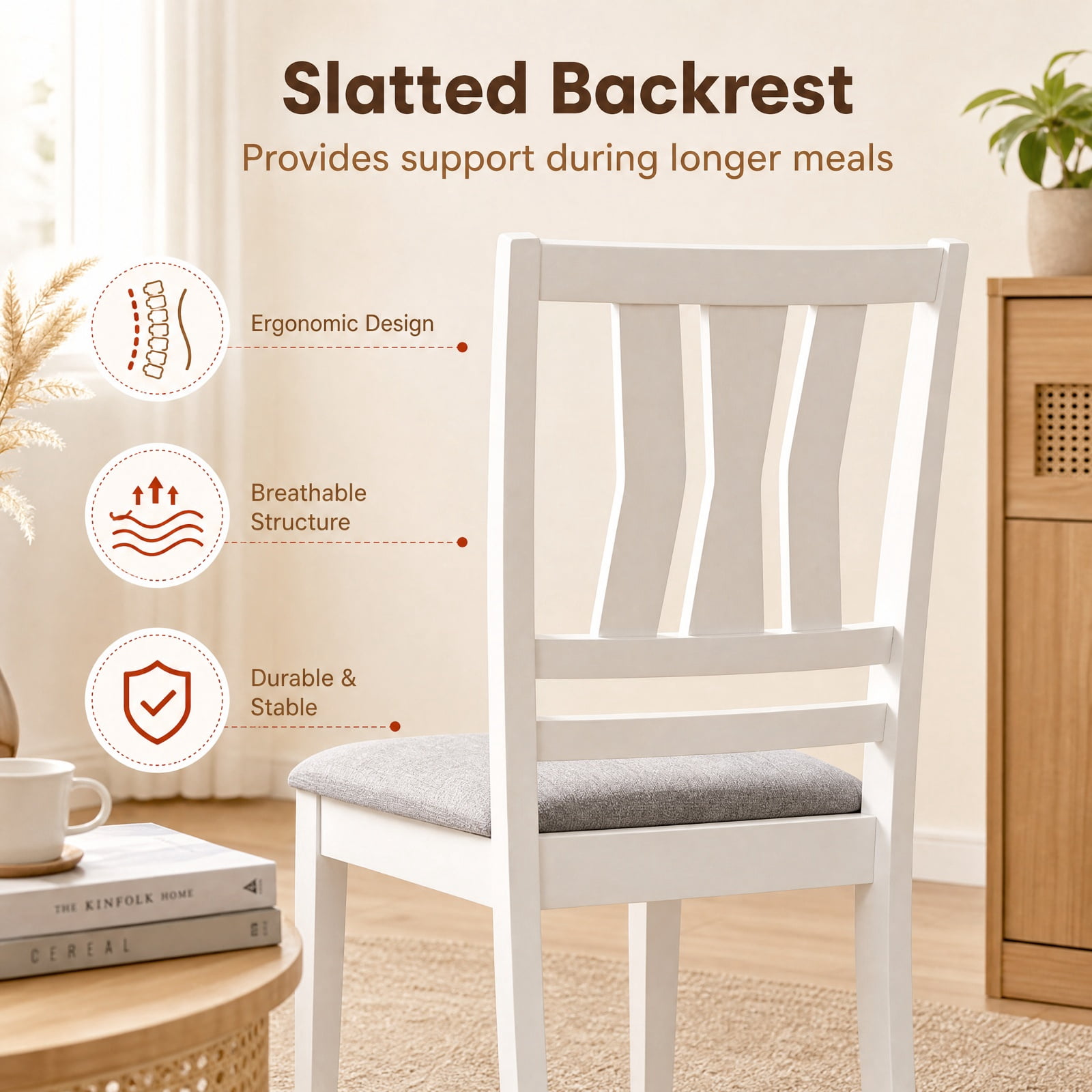 Furnibear Set of 2 Linen Style Upholstered Kitchen Chairs with Slatted Backrest and Rubber Wood Frames for Dining Room, White