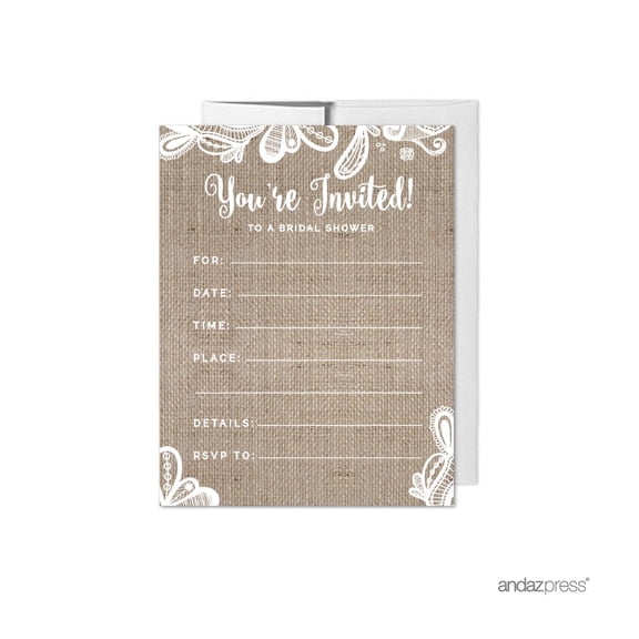 Koyal Wholesale Burlap Lace Bridal Shower Paper Invitations, Blank Cards with Envelopes, 20-Pack
