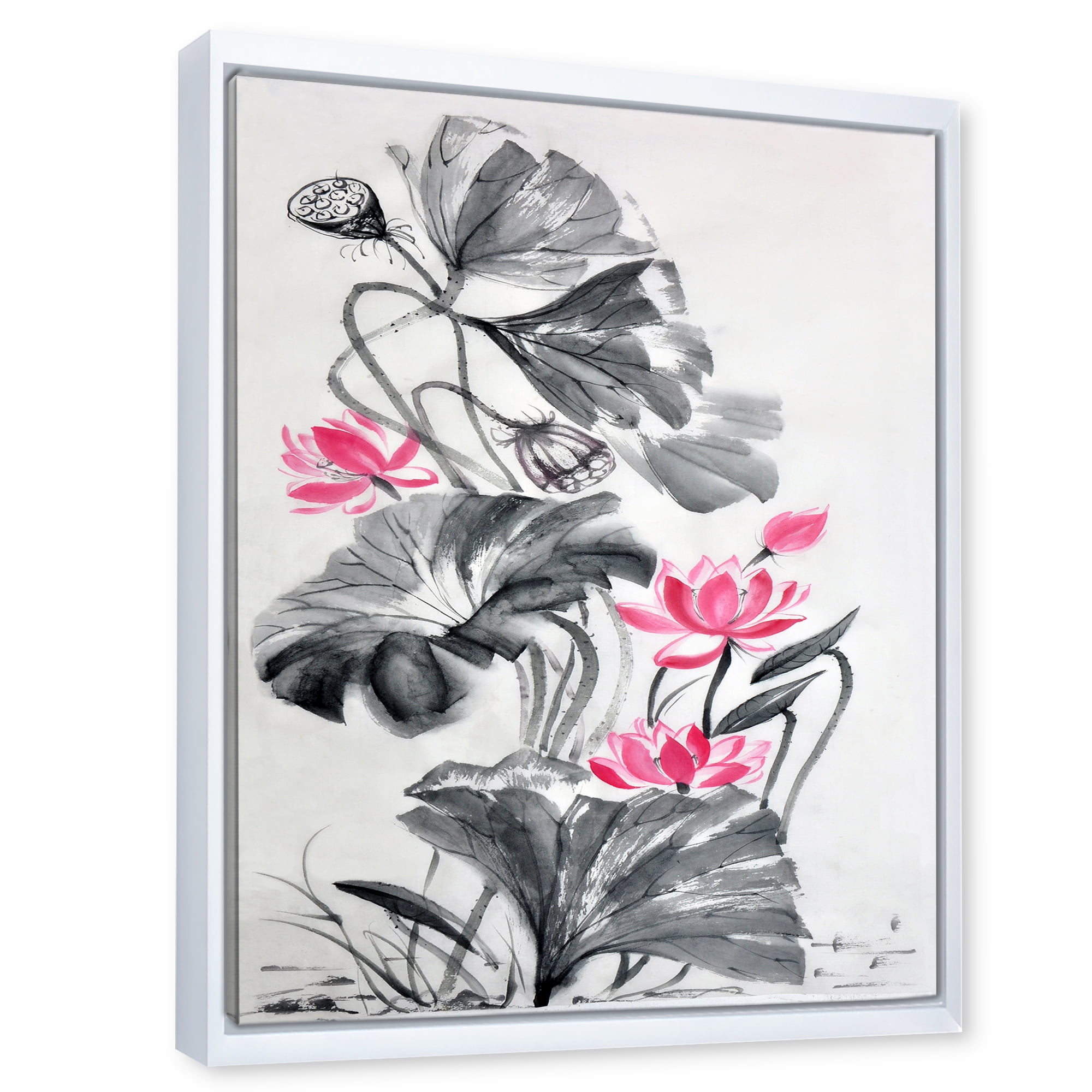Designart 'Pink Vintage Lotus Flower and Monochrome Leaves' Traditional Framed Canvas Wall Art Print