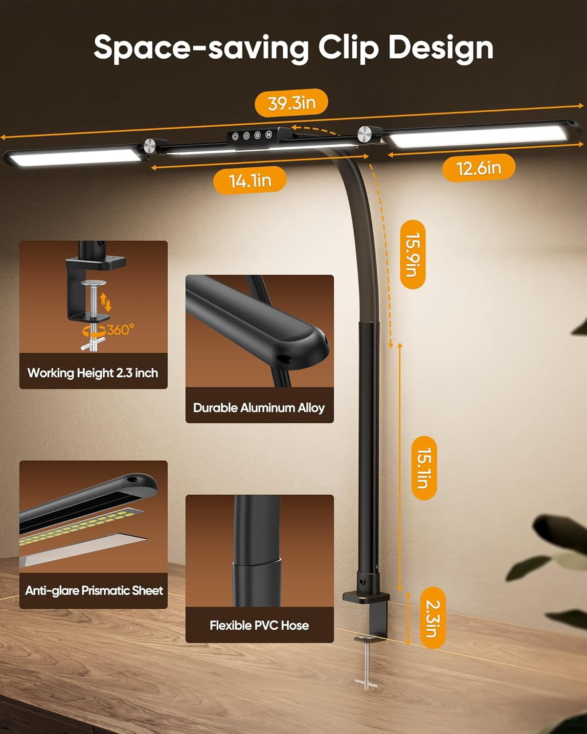 39.3in Large Eye-Caring Led Desk Lamp with Clamp, Desk Lamps for Home Office, 24W Bright Desk Light Stepless Dimming Flexible Hose Architect Office Desk Lamp for Study Work