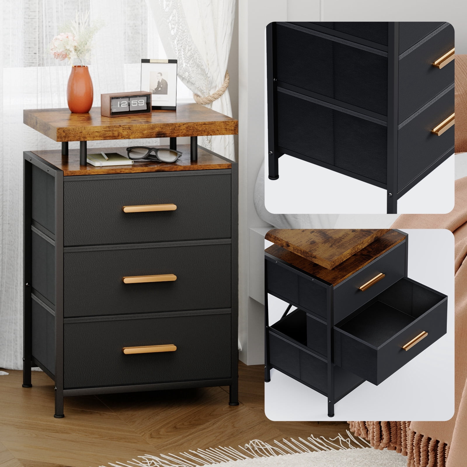 Smart LED Nightstand with 3 Drawers Modern Design Table for Bedroom, Closet, Dorm, Black