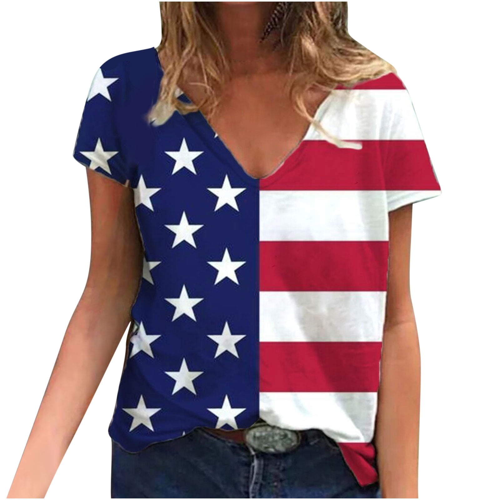 Plus Size Summer American Flag Tops for Women Classic V Neck Tshirts