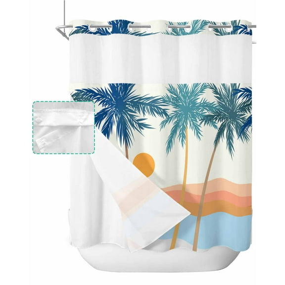 No Hook Shower Curtain with Snap in Liner, Bohemian Summer Coconut Trees Hotel Shower Curtains for Bathroom, Washable Shower Curtain Liner Set with Mesh Top Window, 72"x72"