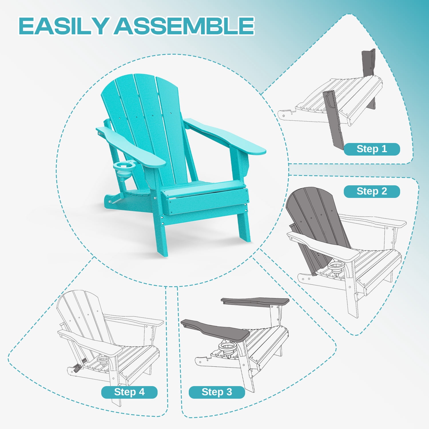FODINGHILL Outdoor Folding Adirondack Chair set of 2, HDPE All Weather Patio Chair with Cup Holder for Deck Backyard Garden, Aqua