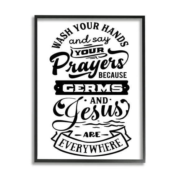 Stupell Industries Wash Hands & Prayers Witty Religious Bathroom Sign Graphic Art Black Framed Art Print Wall Art, Design by Lettered and Lined