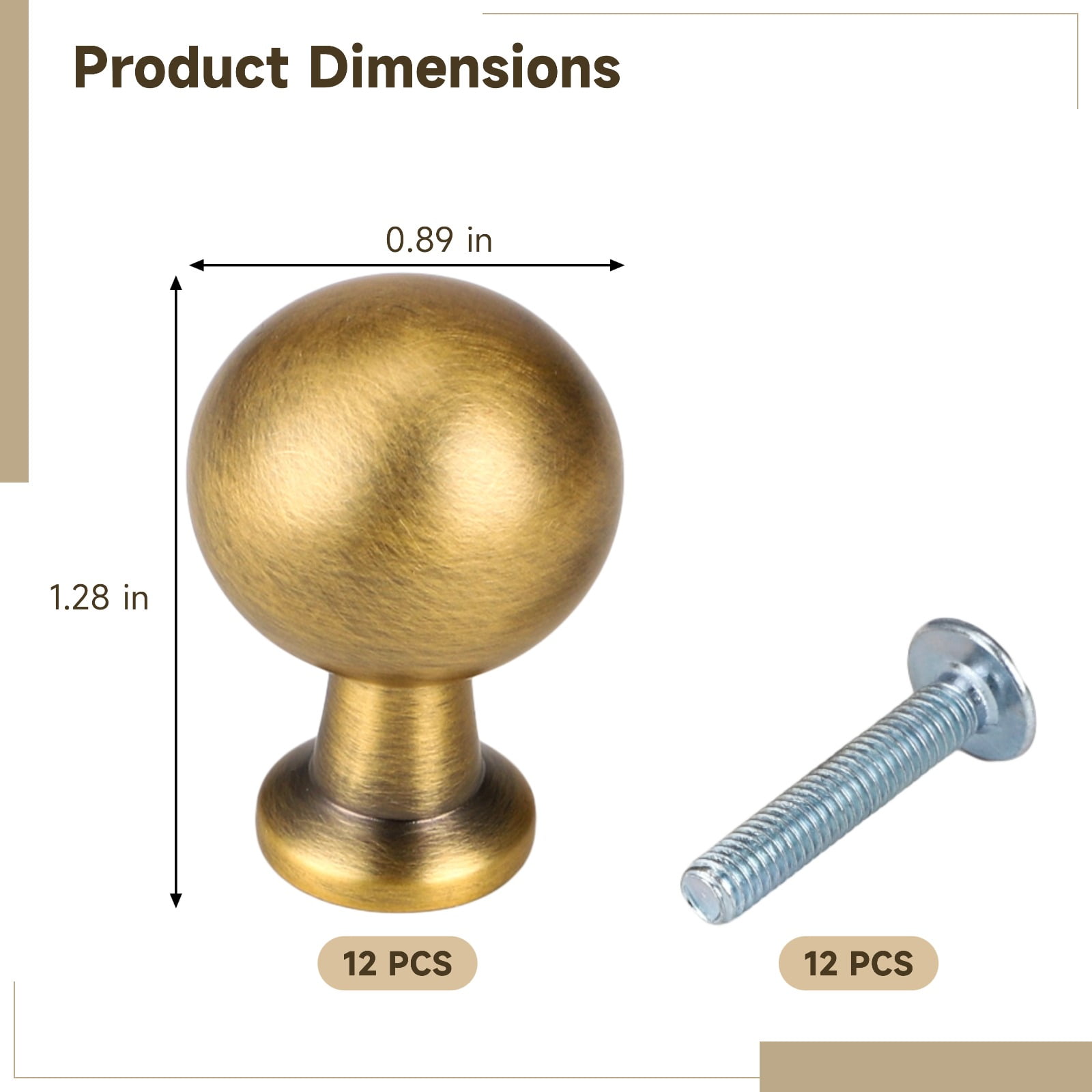 12 Pack Ball Brass Antique Cabinet Knobs – Round Zinc Alloy Drawer Pulls | Vintage 0.89" Ball Knobs for Kitchen Cabinets, Dressers & Furniture Hardware, Easy Single-Hole Installation