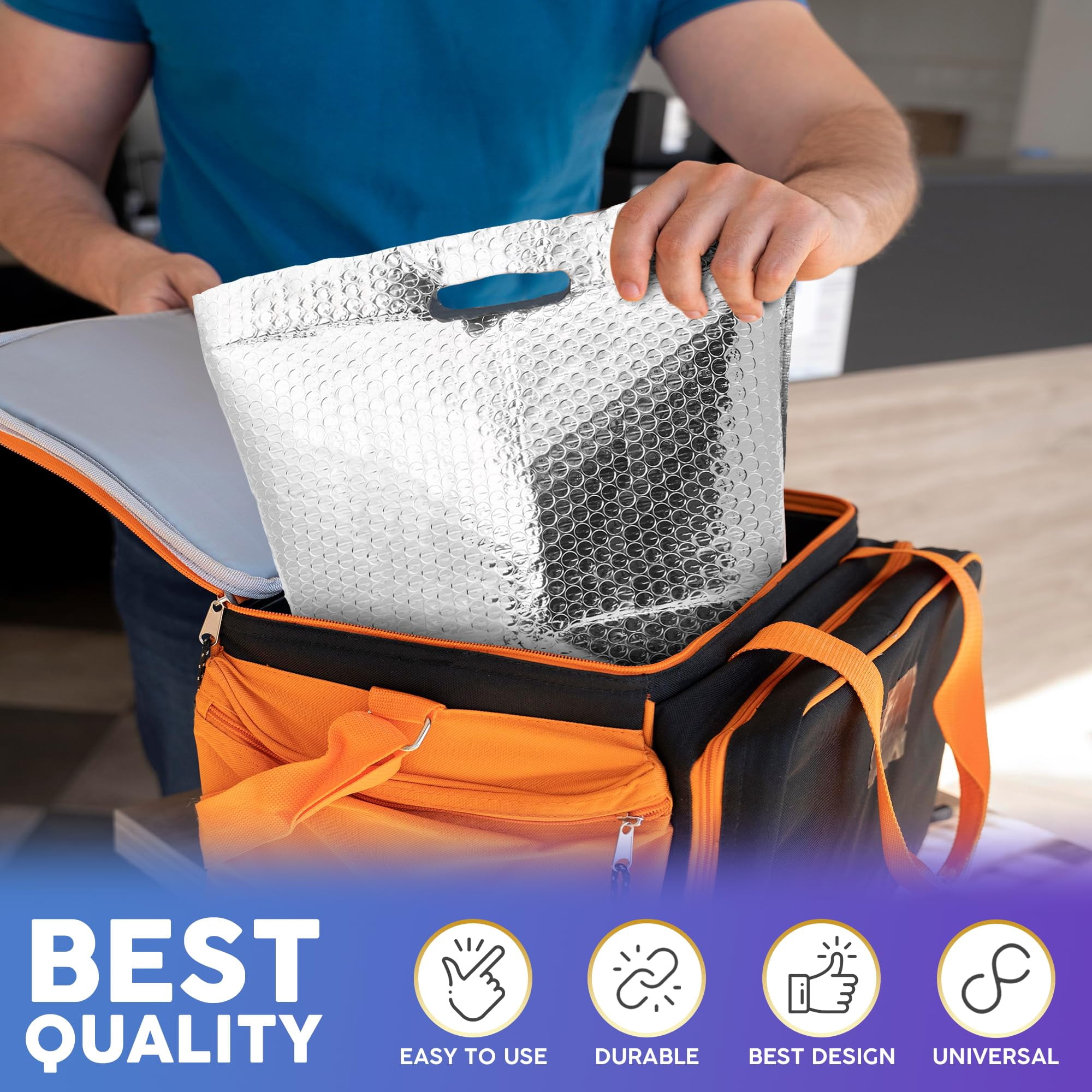 Insulated Foil Bags with Handles, Thermal Box Liners with Bubble Cushion, 50 Count, 6 x 6 x 6 in