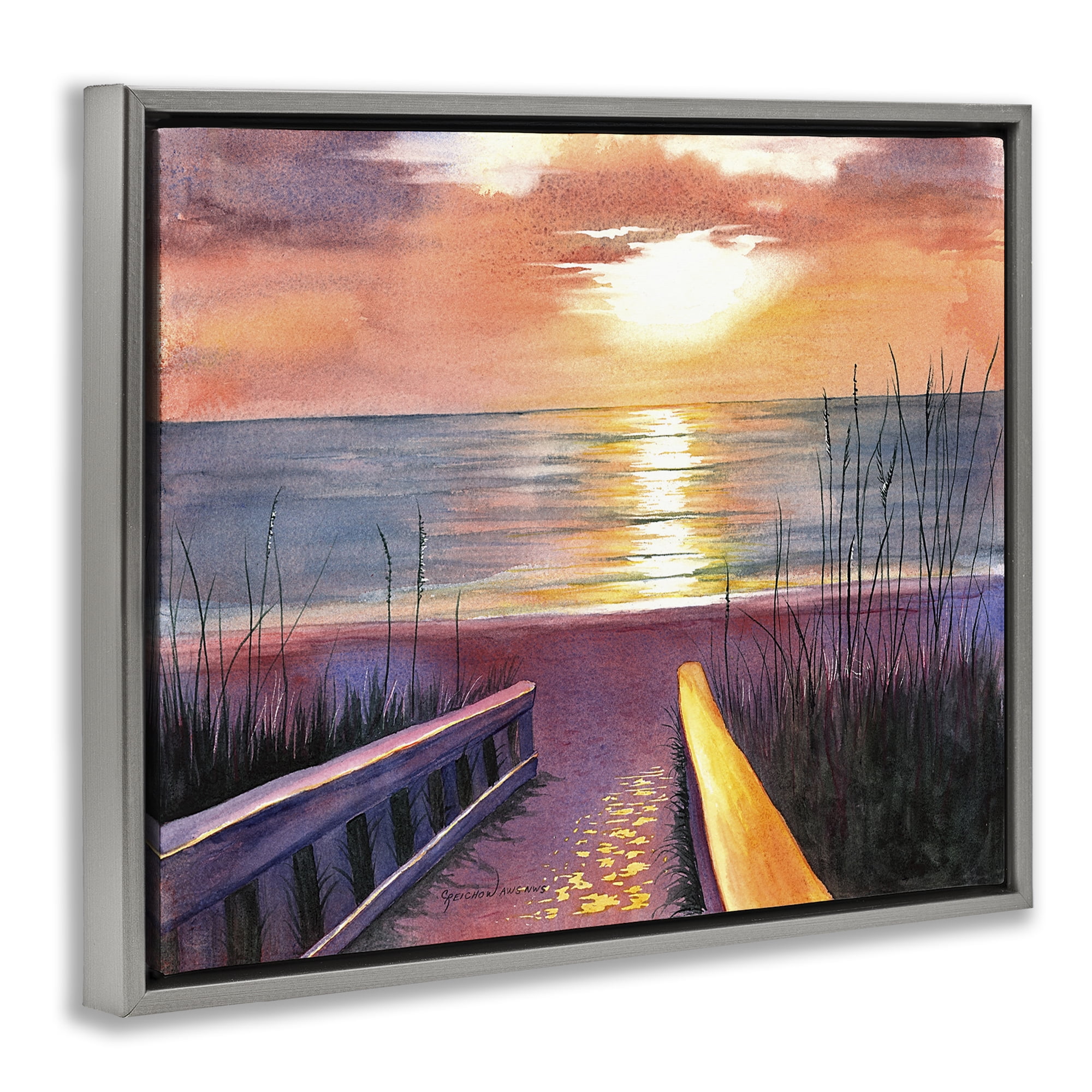 Stupell Industries Sea Sunset Reflection Landscape Painting Gray Floater Framed Canvas Art Print Wall Art, 21 x 17