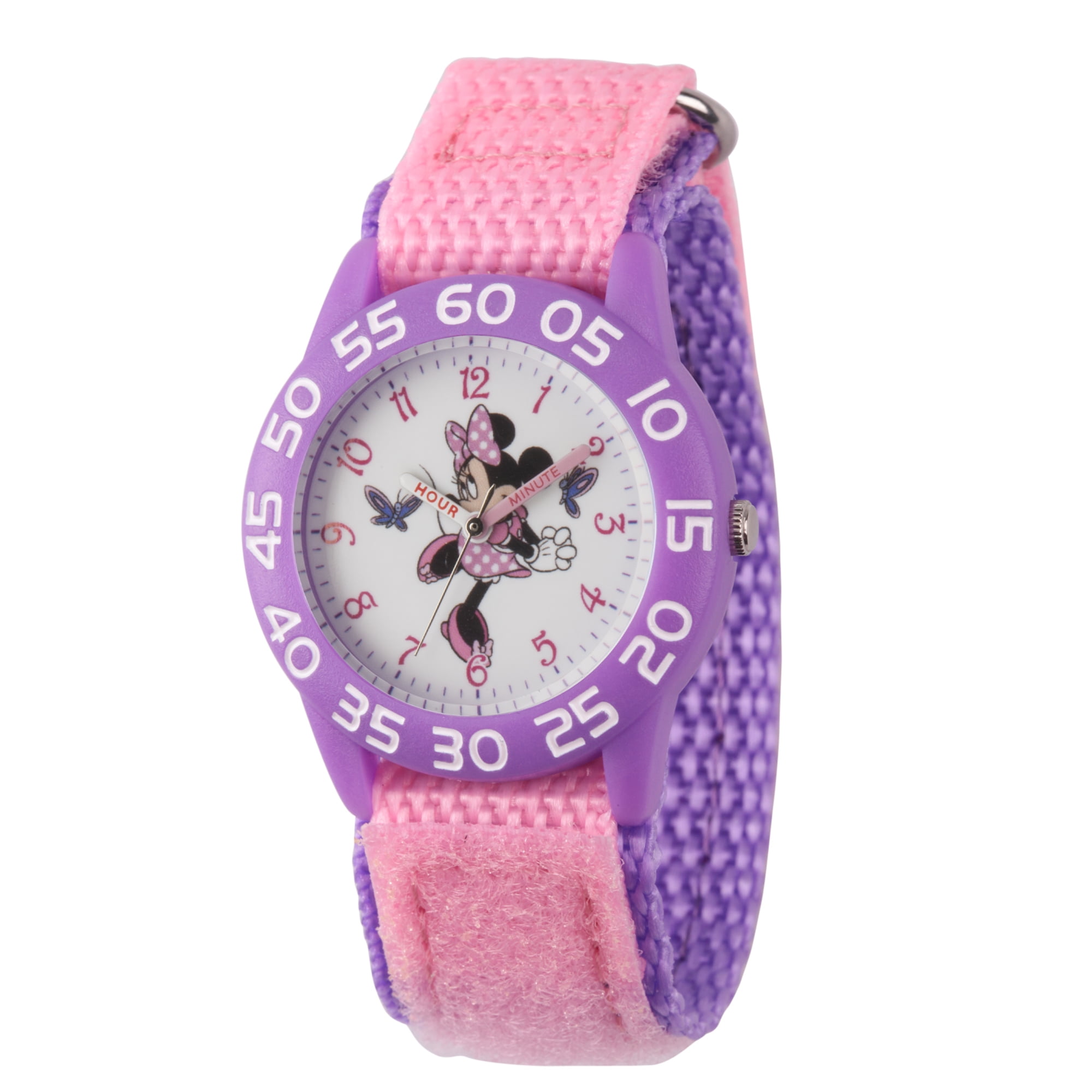 Minnie Mouse Girls' Purple Plastic Time Teacher Watch, Pink Hook and Loop Nylon Strap with Purple Backing
