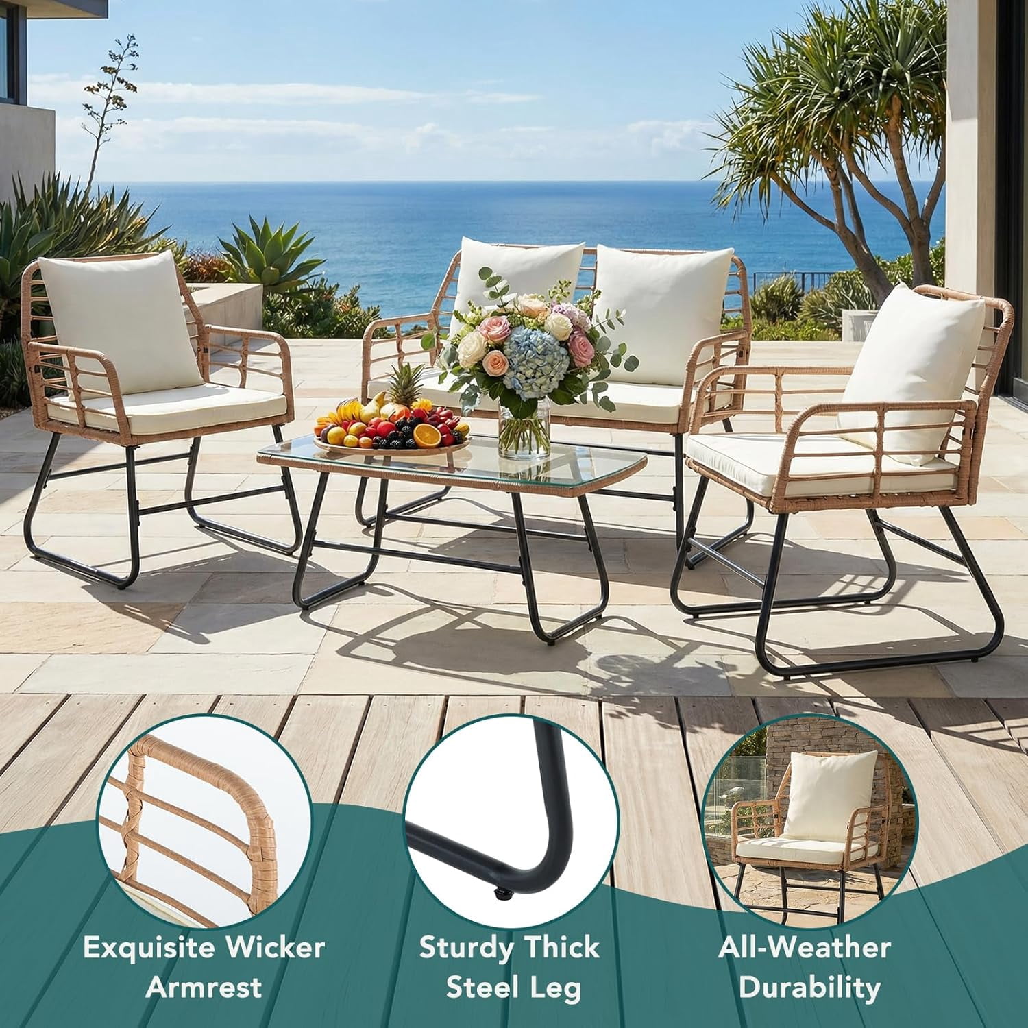 4 Pieces Outdoor Patio Furniture Set, Outdoor PE Wicker Patio Conversation Set with Cushion, Glass Table, Pillow, Beige