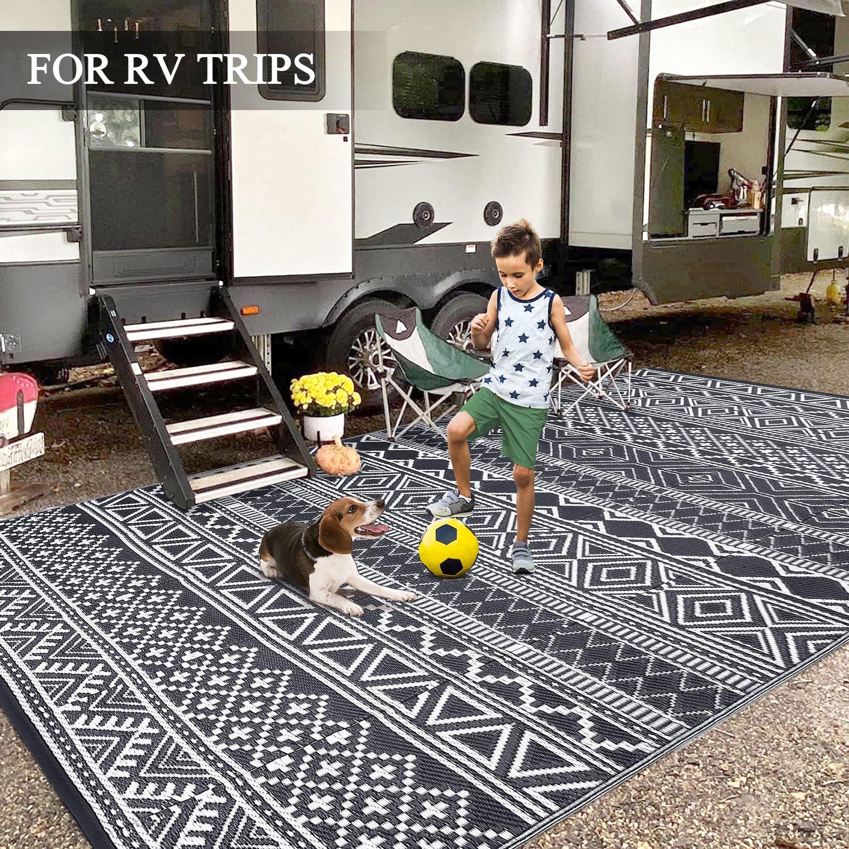 CAROMIO Gray White Boho Outdoor Area Rug 8x10 ft Waterproof Reversible Plastic Mat for Camping RV Picnic