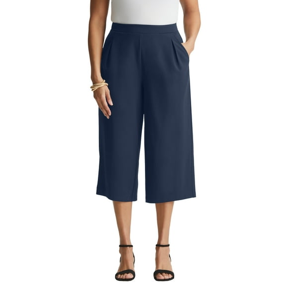 Plus Size Women's Wide-Leg Crop Crepe Pants by Jessica London in Navy (Size 2X)