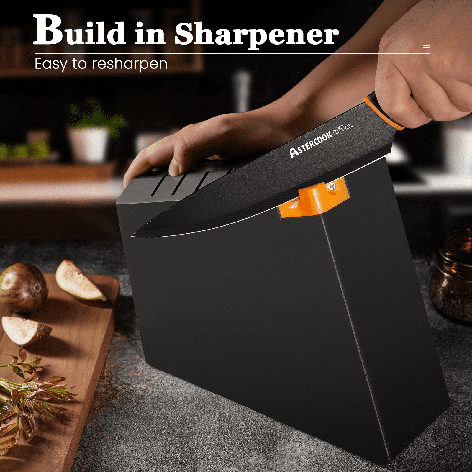 Astercook 14-Piece Kitchen Knife Set with Block, High Carbon German Stainless Steel, Built-in Sharpener, Dishwasher Safe, Black