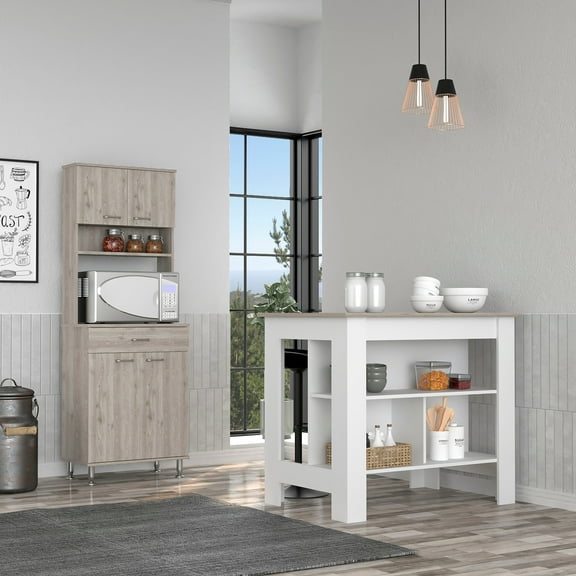 FM FURNITURE Austin 2-Piece Modern Engineered Wood Kitchen Set in White/Walnut