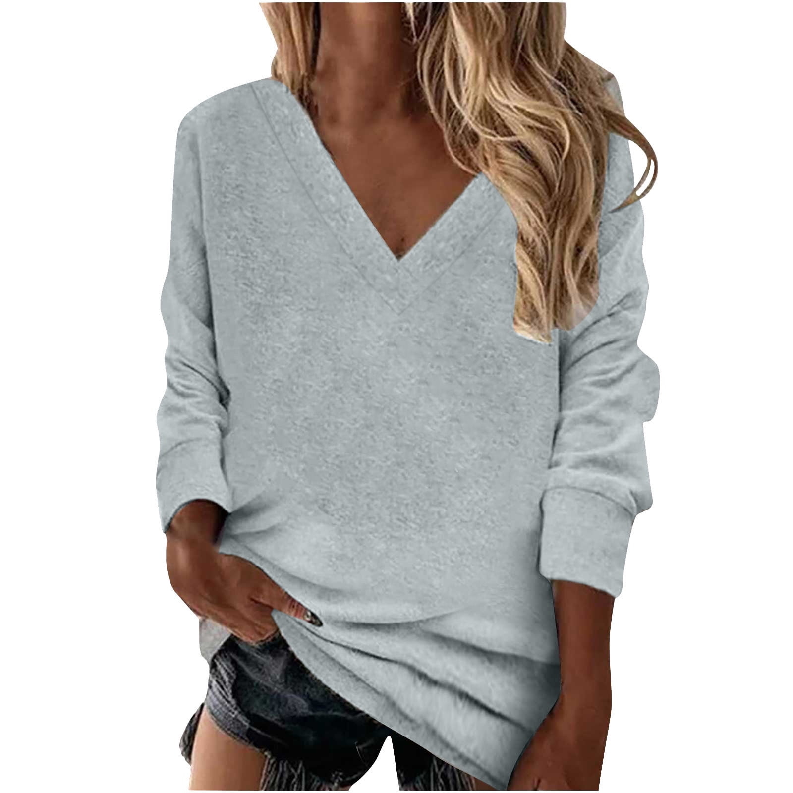 Women Long Sleeve Sweatshirts Tops Casual Solid Color Tunic Tees Vintage V  Neck Loose Sweatshirt Pullover Blouse - Walmart.com