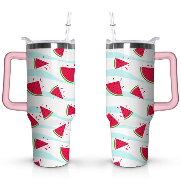 40oz Cute Watermelon Pattern Stainless Steel Flip Straw Tumbler Spill Proof Travel Cup Double Wall Vacuum Insulated Coffee Mug with Top Handle