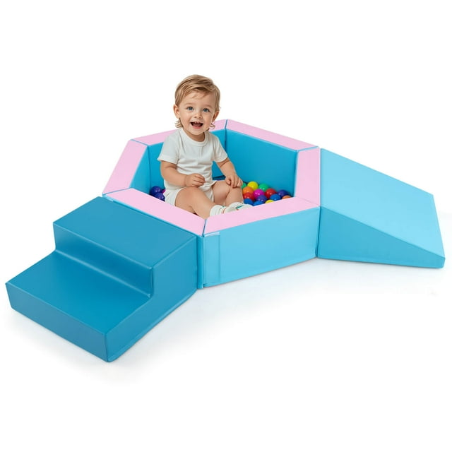 Costway 3 PCS Baby Foam Climbing Blocks with Ball Pit Triangle Stair 100 Ocean Balls Blue