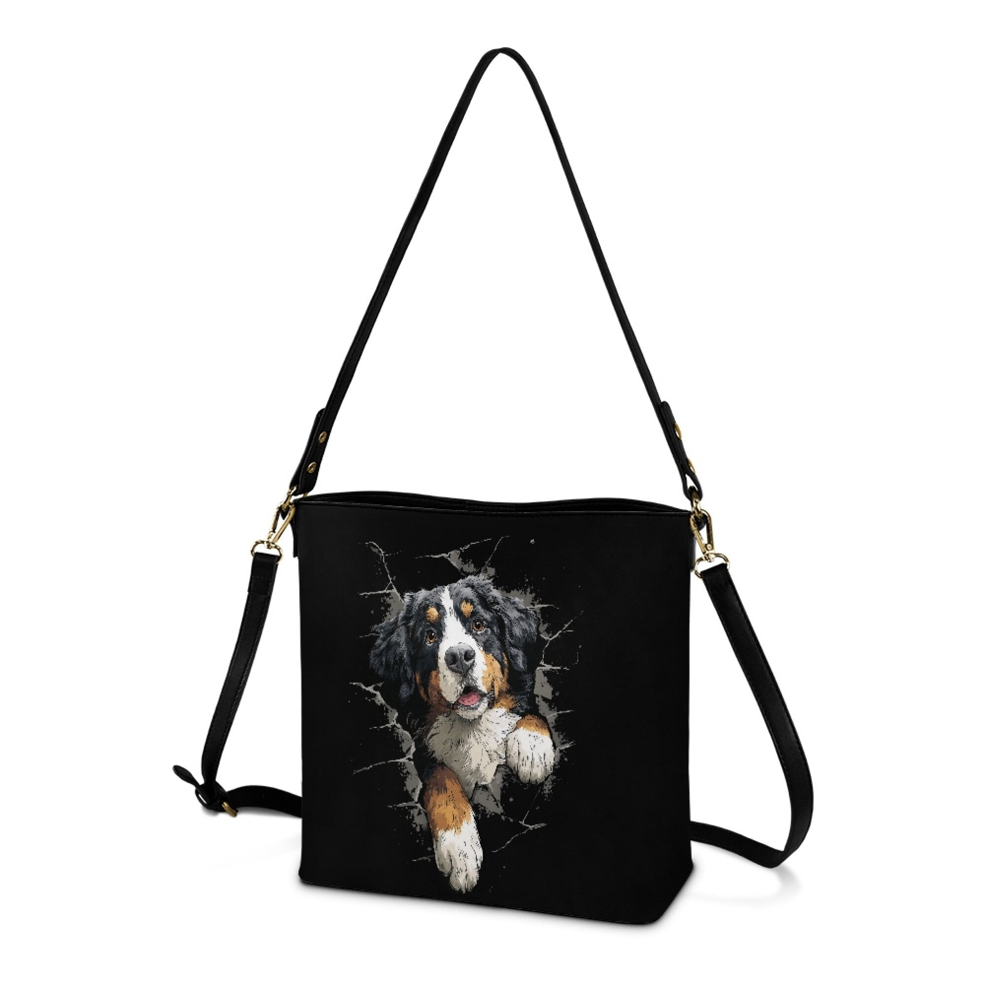 Kuiaobaty Bernese Mountain Dog Print Bucket Crossbody Bag for Women Large Capacity Bucket Tote Bag with Adjustable Strap Leather Shoulder Bags Hobo Purse for Travel, Black