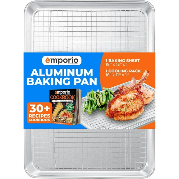 2-Piece Baking Set – 13" x 18" Aluminum Pan with Stainless Steel Cooling Rack, Oven Safe up to 500°F, Recipe Booklet Included