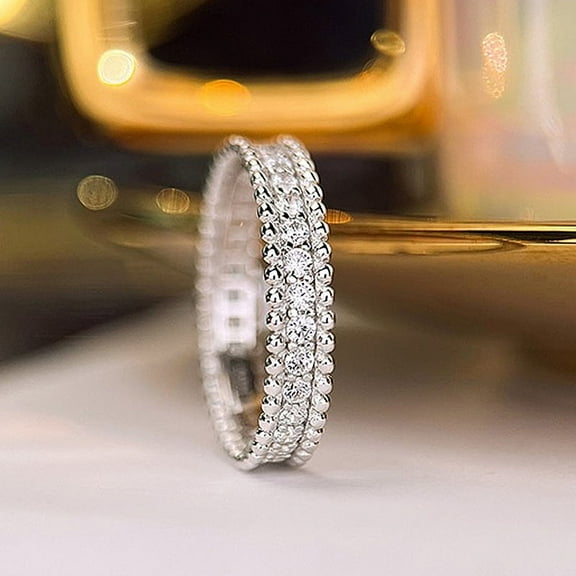 14K Gold Plated Narrow Single-Row Pavé & Beaded Edge Wedding Band for Women, Matching Couples Ring.