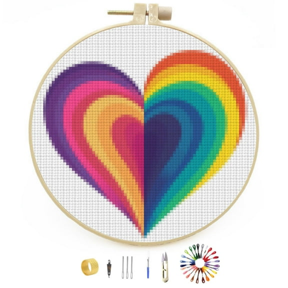 Heart-Shape Rainbow Graphic Stamped Cross Stitch Kits for Beginners with Hoop Simple Patterns 11CT Counted Embroidery Needlepoint Crafts Arts for DIY Enthusiasts and Home Decor 26x26cm(2)