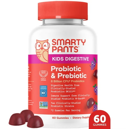 SmartyPants Kids Digestive Probiotic & Prebiotic Gummies, 6 Billion CFUs, New Formula, 60 Ct