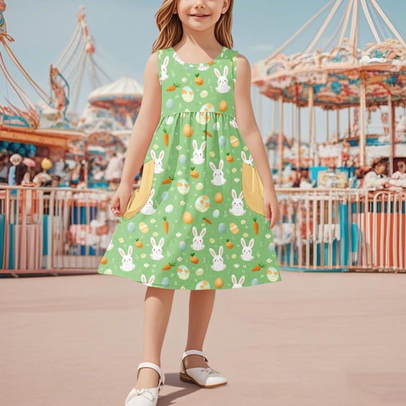 hengsof Girls Sleeveless Dress 3-14 Years Fashionable Sweet Floral Print A-Line Pocket Shift Sundress for Kids Spring Summer Casual Outfit