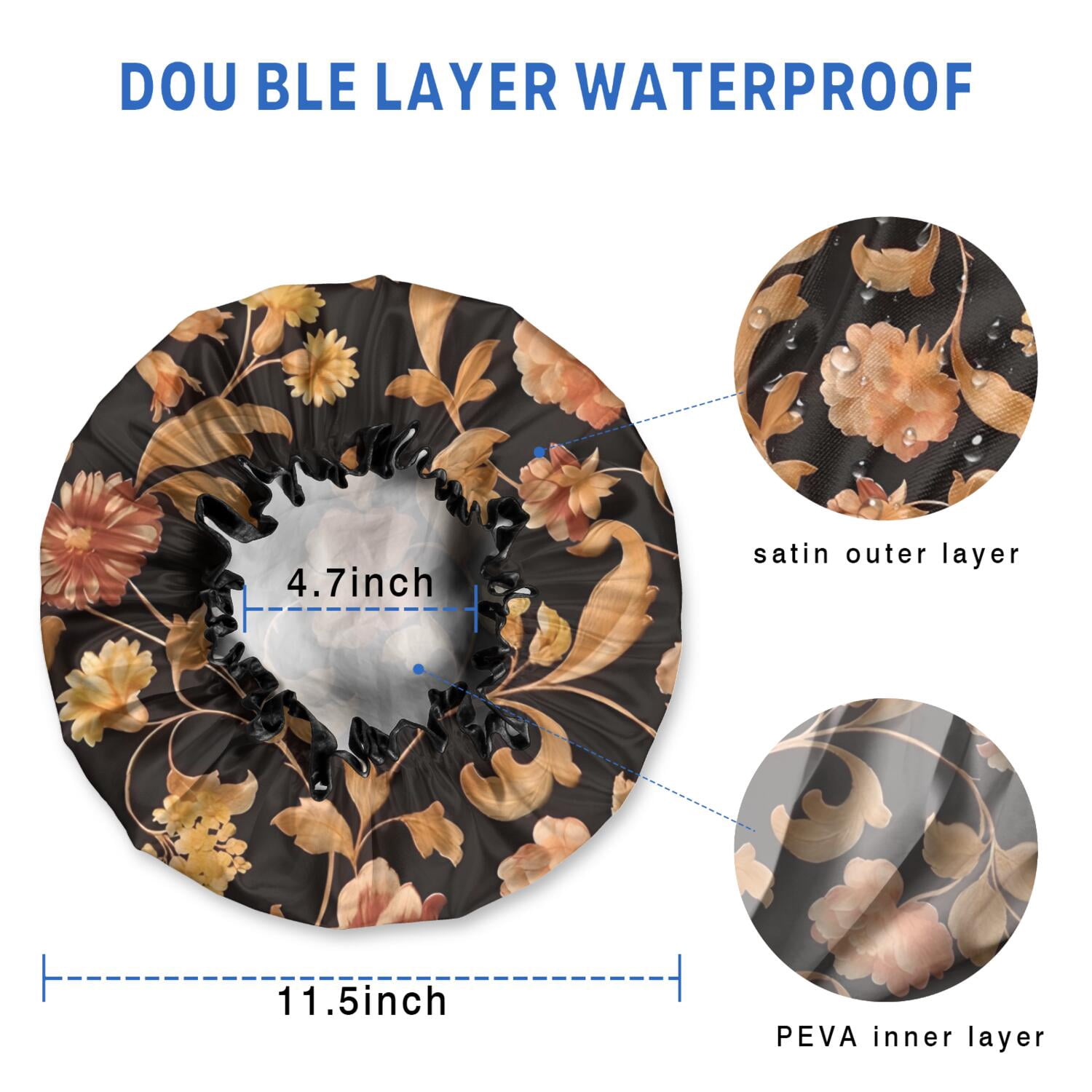 Shower Caps,Pioneer Flower Floral Print Pattern Waterproof Shower Cap for Women 4 Pieces,Double Reusable Hair Cover for Shower PEVA Elastic Stretch Hem