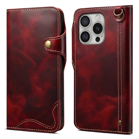 For iPhone 16 Pro Case Waxy Genuine Cow Leather Phone Wallet Shockproof Cover