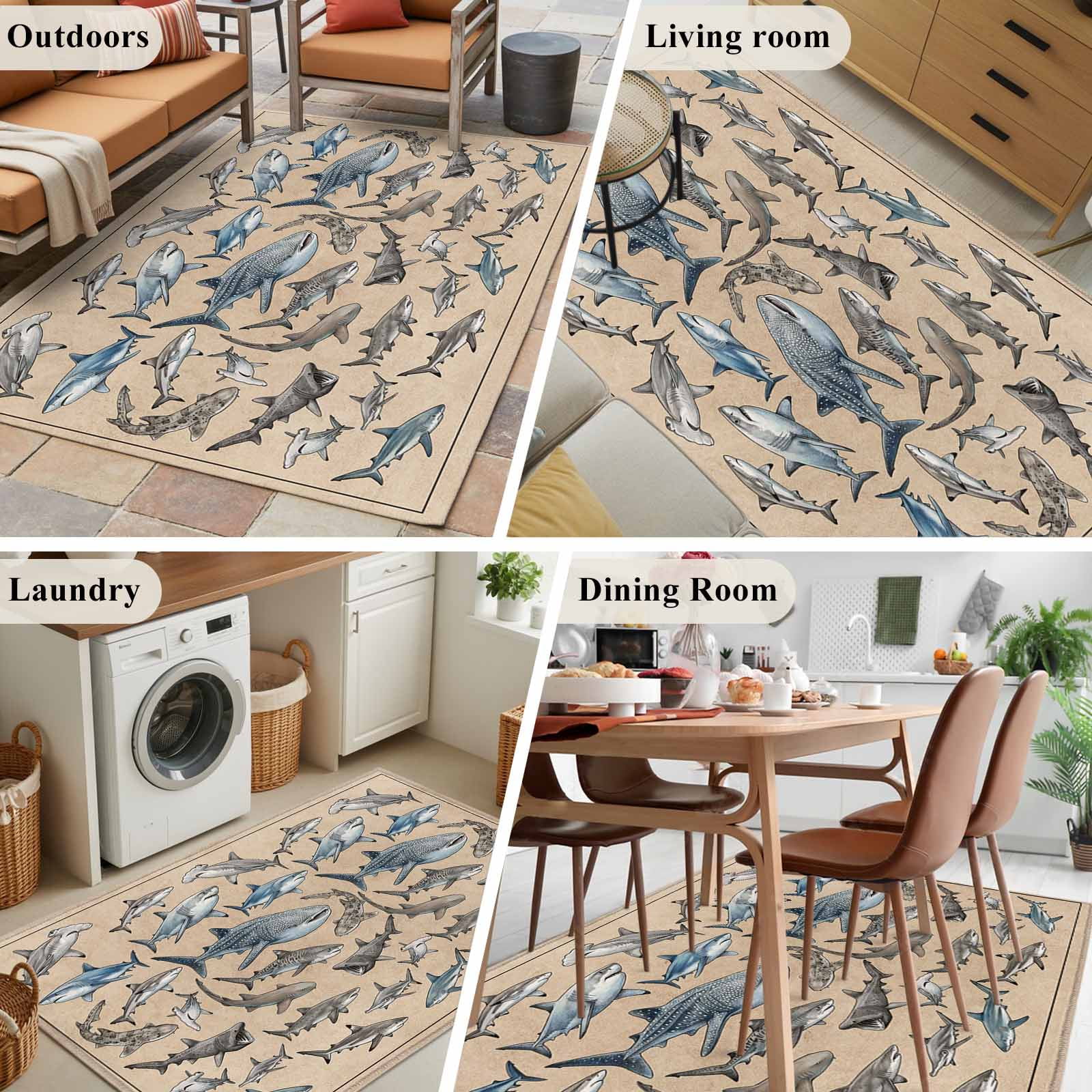 Area Rugs 2.7'x5', Ocean Sharks Carpet for Living Room Bedroom Dining Room, Vintage Coastal Underwater Animals Brown Throw Kitchen Rugs Non Slip Washable Rectangle Indoor Outdoor Rugs