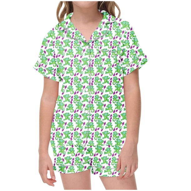 Odeerbi 2-12 Años Niños Niñas Pijama de Verano de Satén Con Solapa de Muesca Camisas de Manga Corta Pantalones Cortos Conjunto Suave Estampado Floral Ropa de Dormir