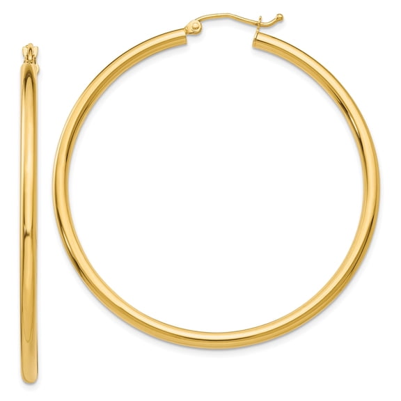 14k Yellow Gold 50mm Polished Hoop Earrings, Lightweight Large Round Style for Women
