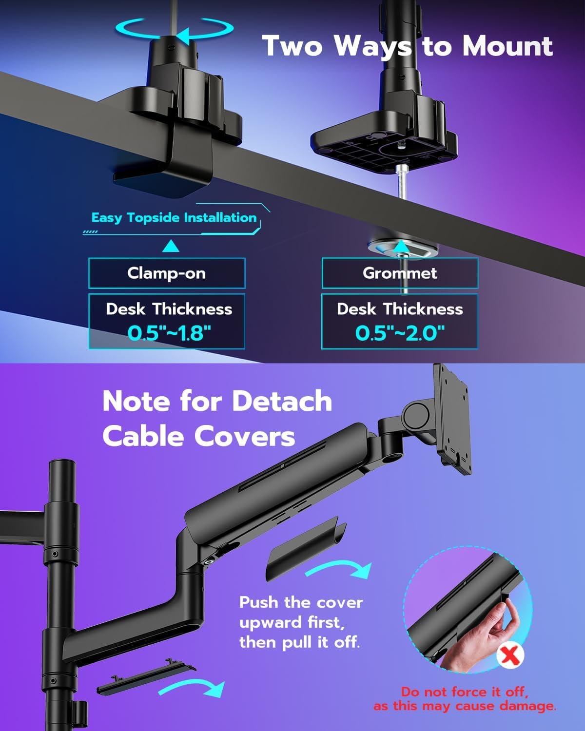 ARES WING Dual Monitor Mount for 17–49" Ultrawide Screens, Heavy Duty Gas Spring Monitor Arm Desk Mount, Height Adjustable Dual Monitor Stand with Clamp & Grommet, VESA 75x75 100x100, Black