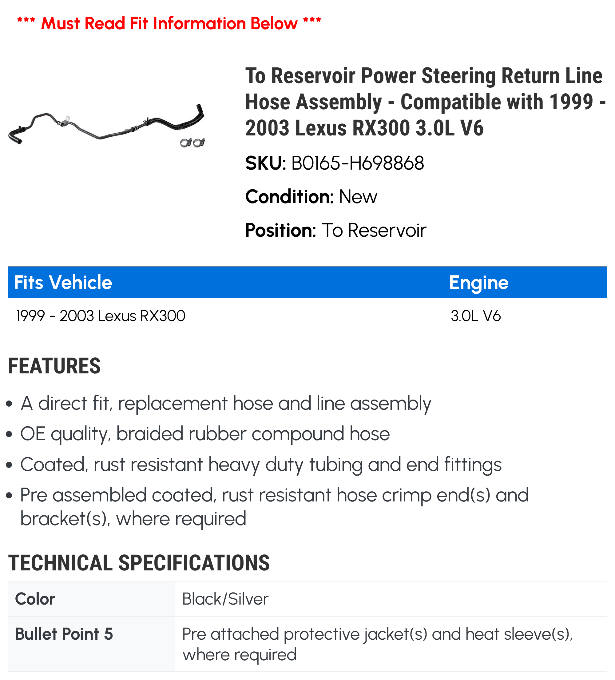 To Reservoir Power Steering Return Line Hose Assembly - Compatible with 1999 - 2003 RX300 3.0L V6 2000 2001 2002