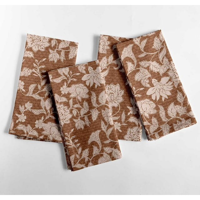Vargottam Rustic Brown Floral Block Print Cotton Napkins - Set of 4, 20x20 Inches, Earthy Ethinc Elegance Print Table Linens for Farmhouse, Spring & Summer Parties, Everyday Use- Machine Washable