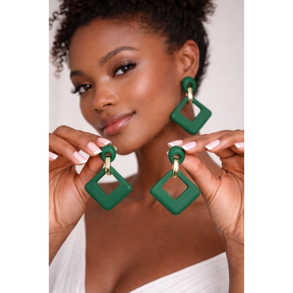 RubyLee Elegance Diamond Square Drop Green, Fashion Earrings for Women Earrings Jewelry Pouch, 2 Pack