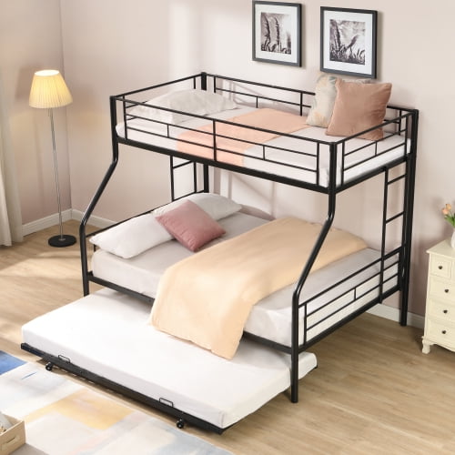 DRNANLIT Twin Over Full Metal Bunk Bed with Trundle, Modern Space-Saving Design, Under-Bed Storage, Stable Metal Frame,No Box Spring Needed, Easy Assembly, Black