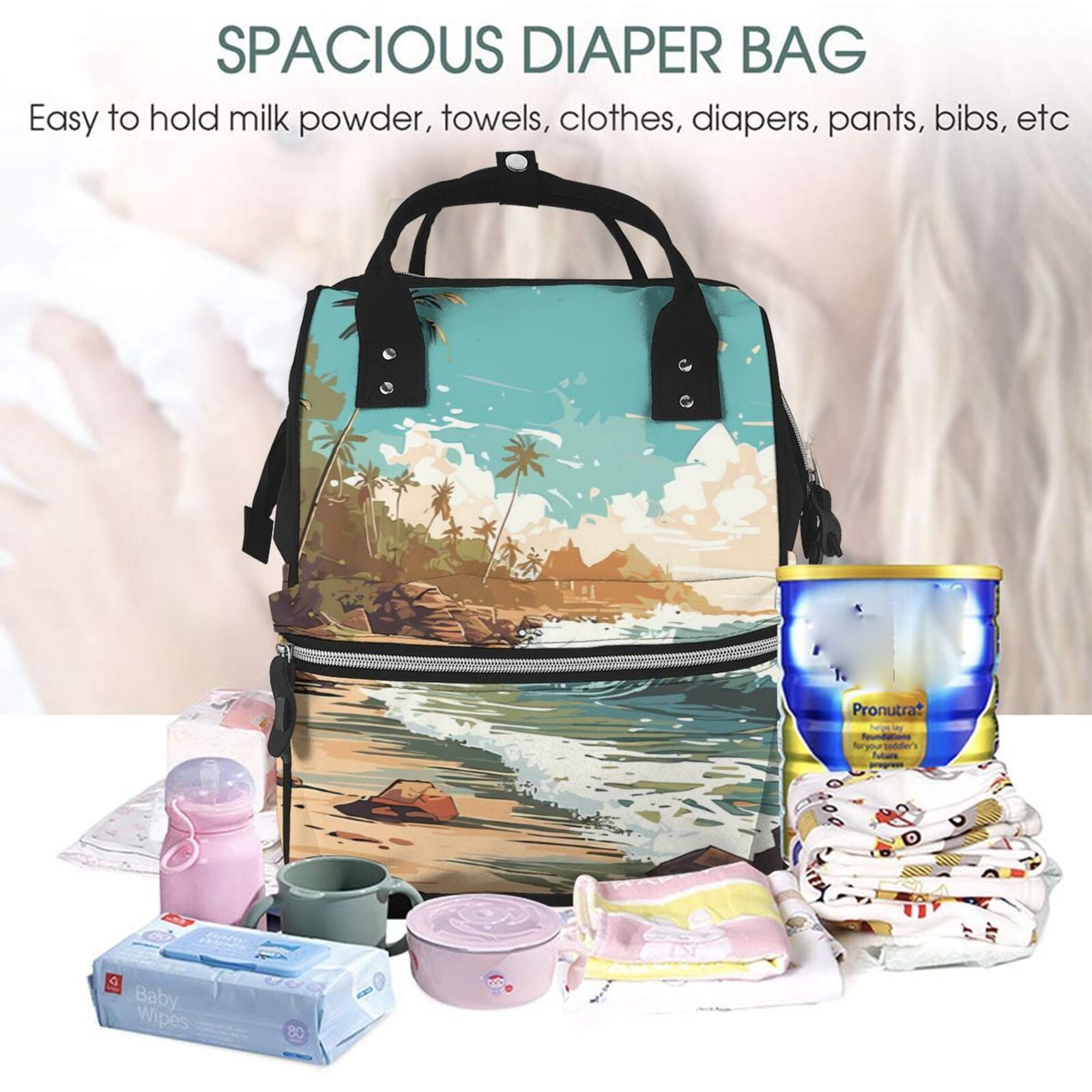 Ratiio Coastal Palm Beach Mummy Backpack - Waterproof Twill Canvas, Large Capacity Diaper Bag with Multiple Pockets and Adjustable Straps