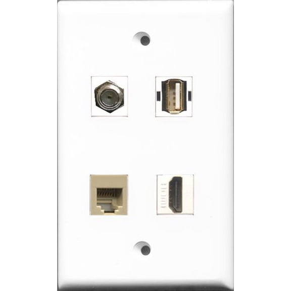 RiteAV 1 Port HDMI and 1 Port Coax Cable TV- F-Type and 1 Port USB A-A and 1 Port Phone RJ11 RJ12 Beige Wall Plate