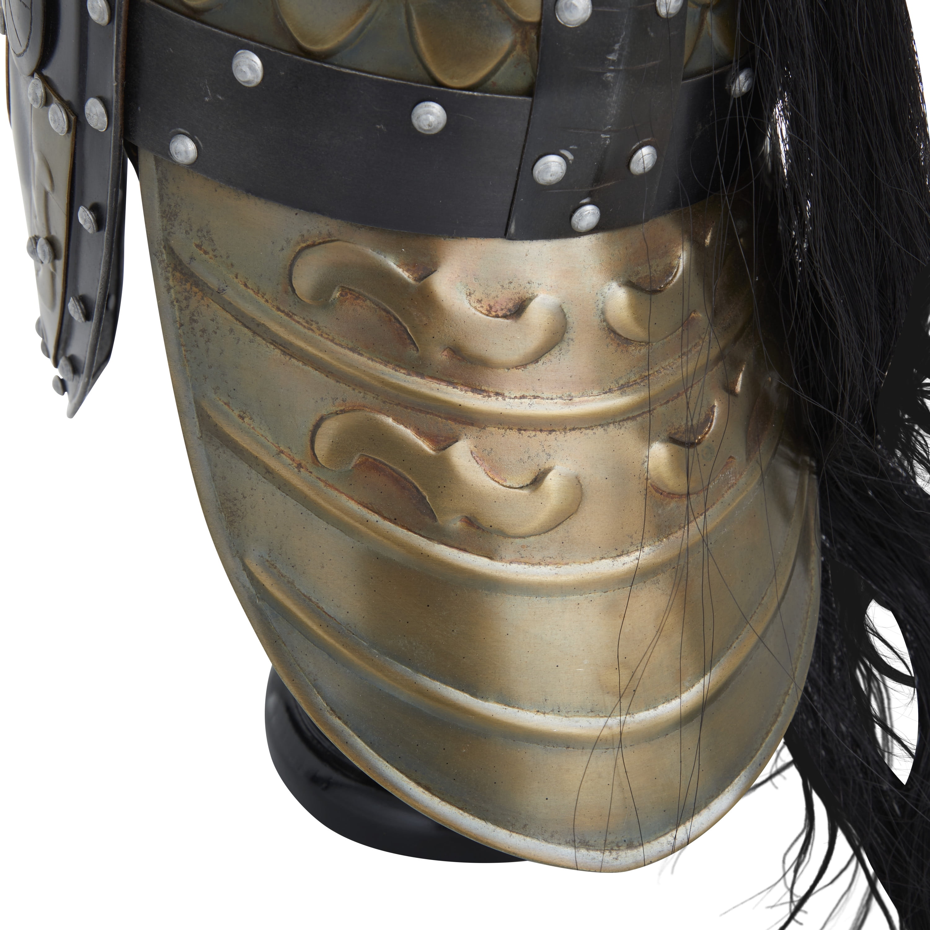 18" Gold Metal Replica Medieval Greek Spartan Helmet with Black Wood Stand and Plume, by DecMode