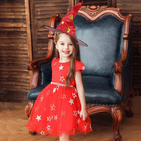 

TMOYZQ Toddler Baby Girls Halloween Cosplay Masquerade Princess Dress A-line Star Printed Back Waist Straps Zipper Gauze Tulle Tutu Skirt Summer Autumn Sundress with Witch Hat