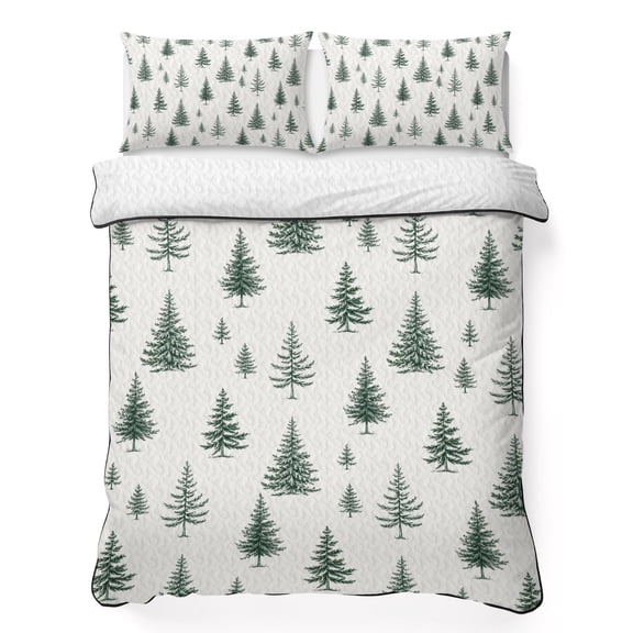 Quilts Twin XL Size Bedding Set, Green Christmas Tree Lightweight Quilted Comforter, Winter Seasonal Xmas Pine Trees Soft Reversible Bedspread Coverlet with Pillow Covers for All Season, 68" x 98"