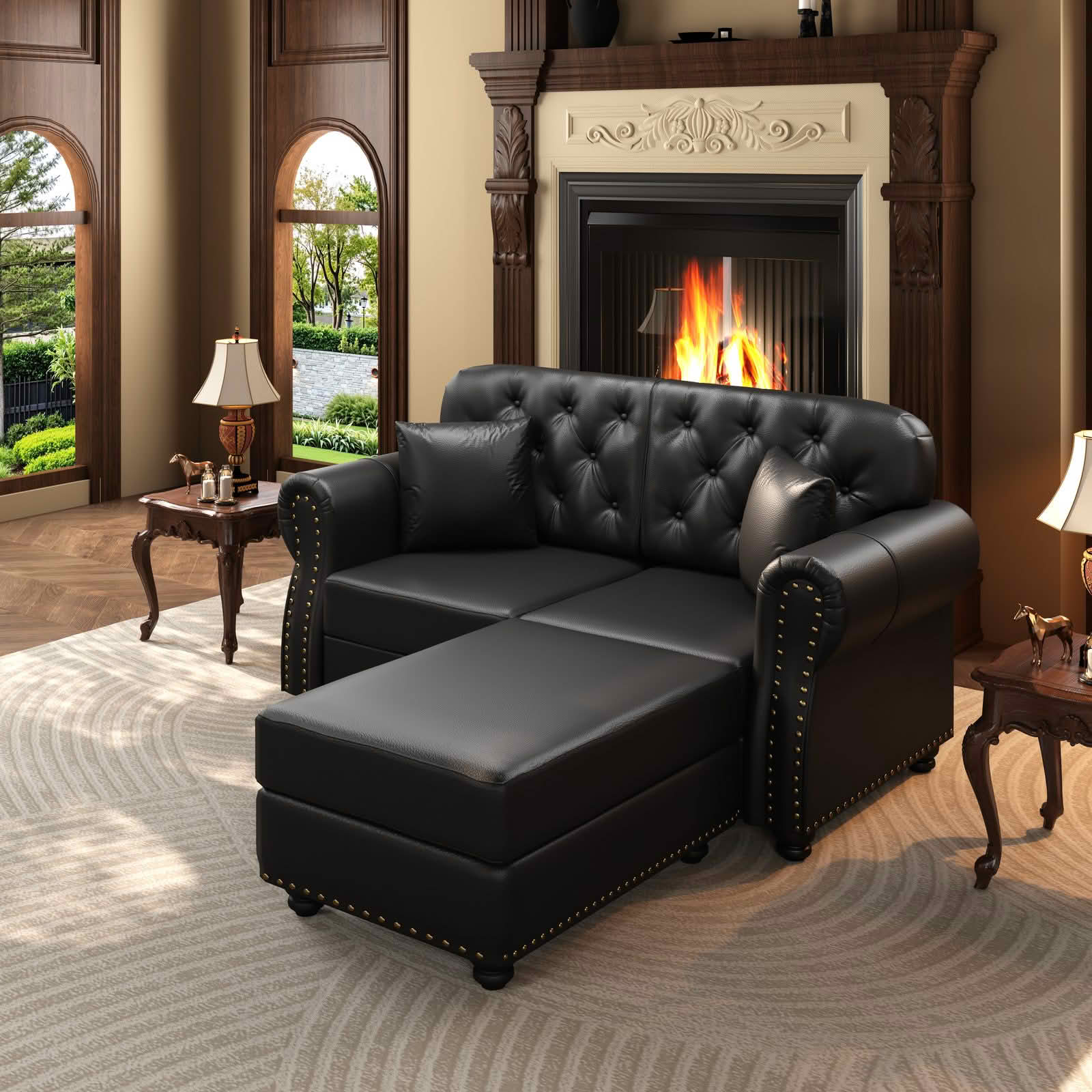 MAYEERTY 63" Upholstered Faux Leather Loveseat Sofa with Ottoman, Mid‑Century Modern Chesterfield Couch with Button Tufted, Nailhead Trim & Rolled Armrests, Includes 2 Pillows