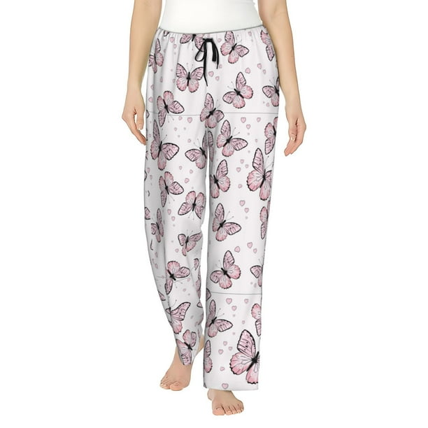 Balery Pink Butterflies (2) Pantalones de pijama para mujer, pijamas ultraligeros, pantalones de estar por casa-Large