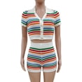 thumbnail image 4 of OwnShow Women's 2 Piece Crochet Knitted Short Outfits Stripe Button Crop Tops Sexy Shorts Sets, 4 of 9