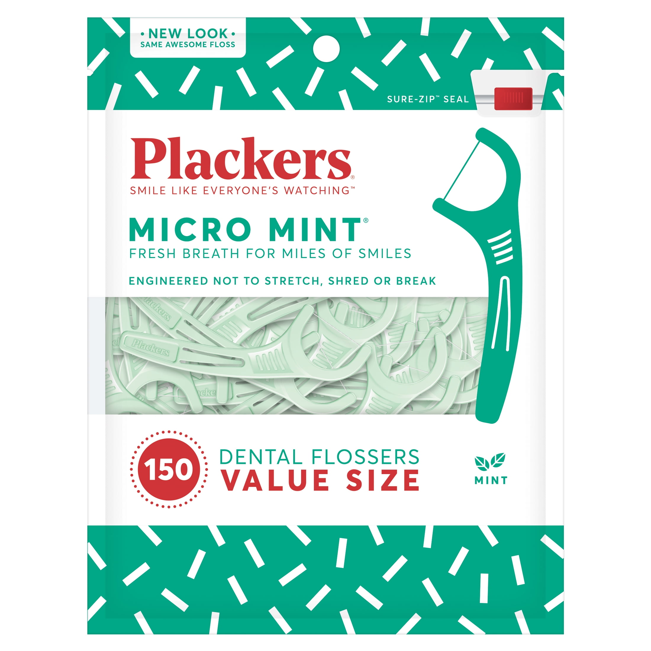 Plackers Micro Mint Dental Flossers, Fold-Out Toothpick, Super Tuffloss, Easy Storage with Sure-Zip Seal, Fresh Mint Flavor, 150 Count