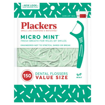 Plackers Micro Mint Dental Flossers, Fold-Out Toothpick, Super Tuffloss, Easy Storage with Sure-Zip Seal, Fresh Mint Flavor, 150 Count