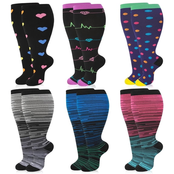Hengguang 6 Pairs Plus Size Compression Socks for Women Men, Extra Wide Calf 20-30 mmHg 14.8 Inches, Swelling Comfort Socks