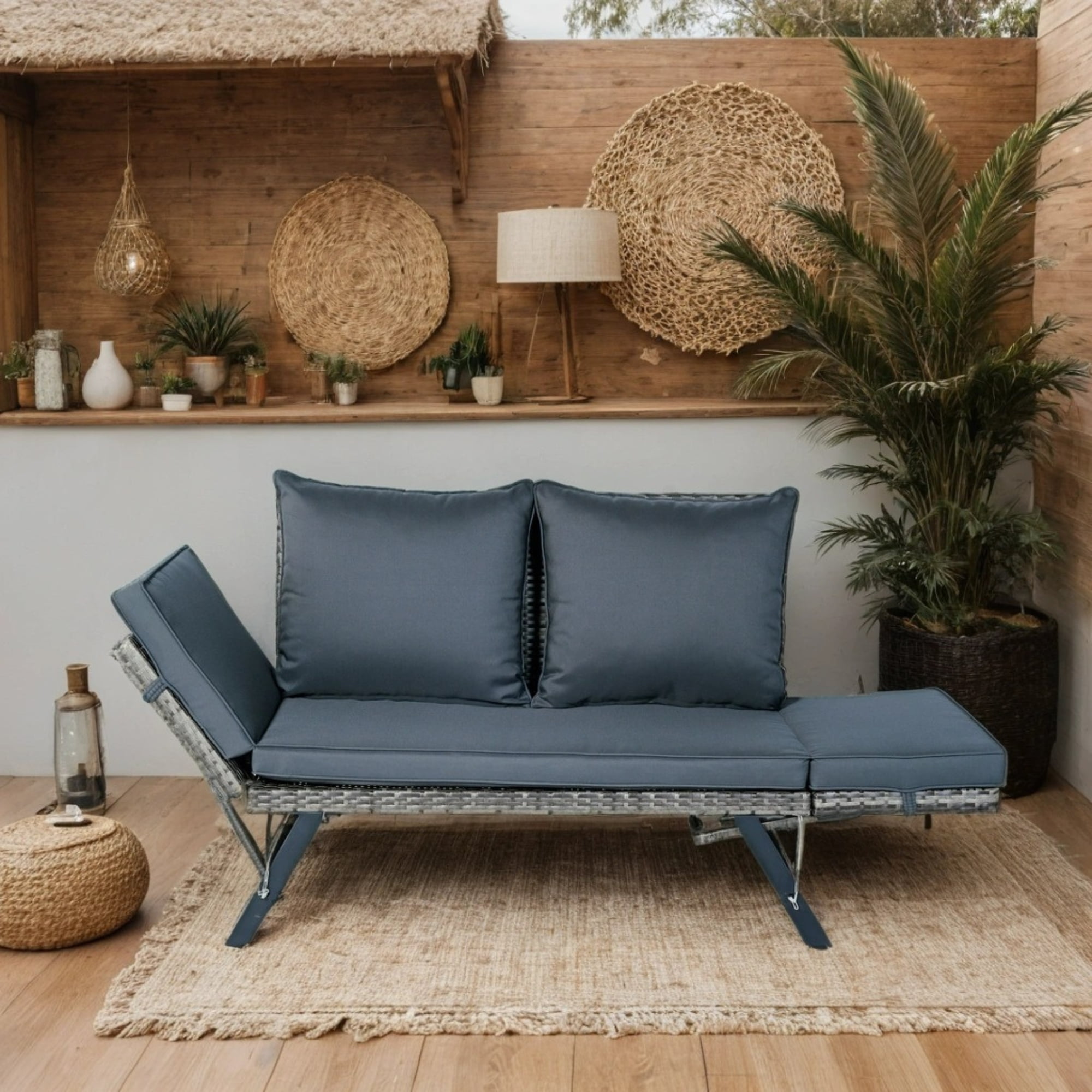 Outdoor Wicker Side Bench with Foldable Armrest and Dark Grey Cushion, Patio Conversation Bench for Garden and Backyard, Grey Wicker
